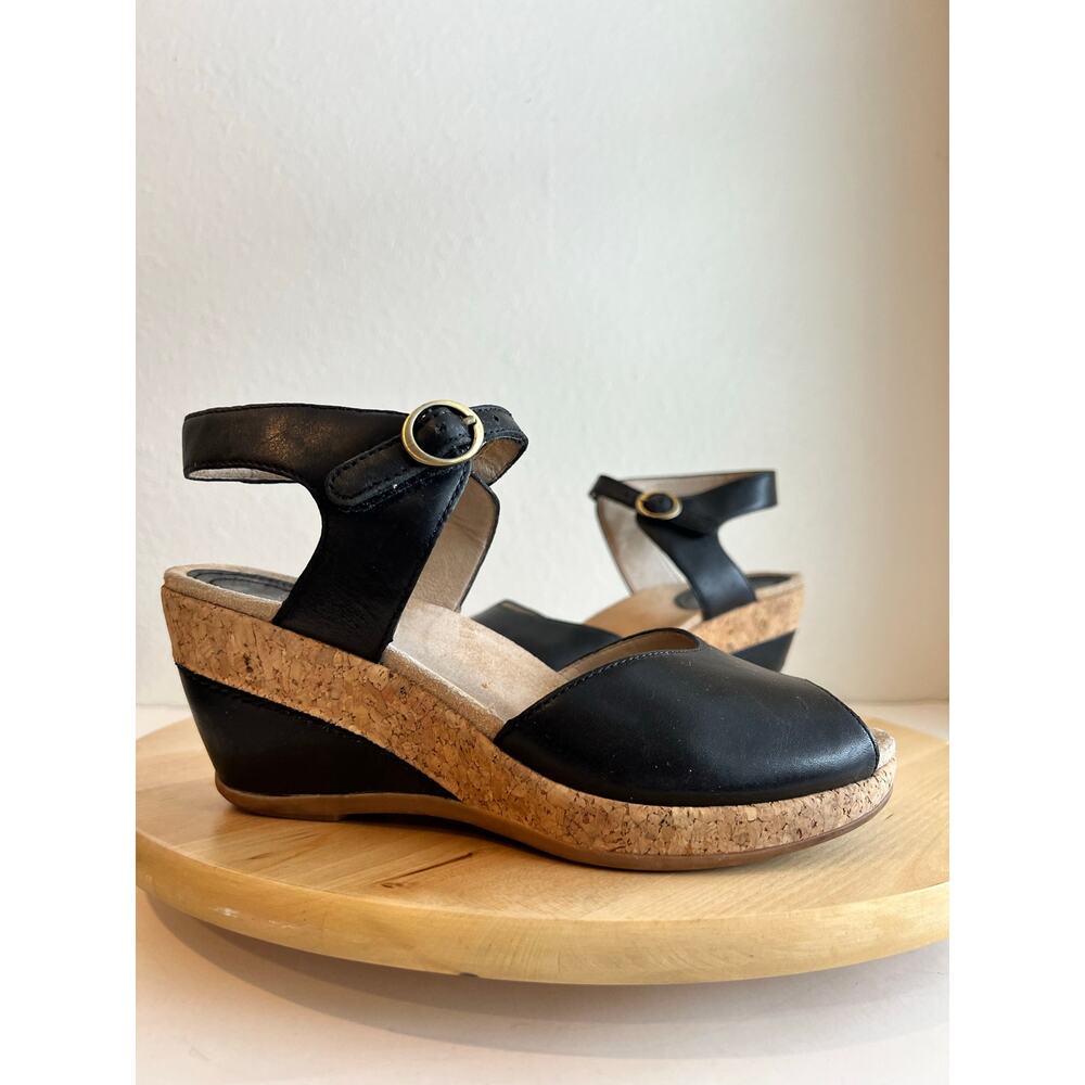 Dansko Charolette Black Genuine Leather Open Toe Cork Wedge Sandal Size 38